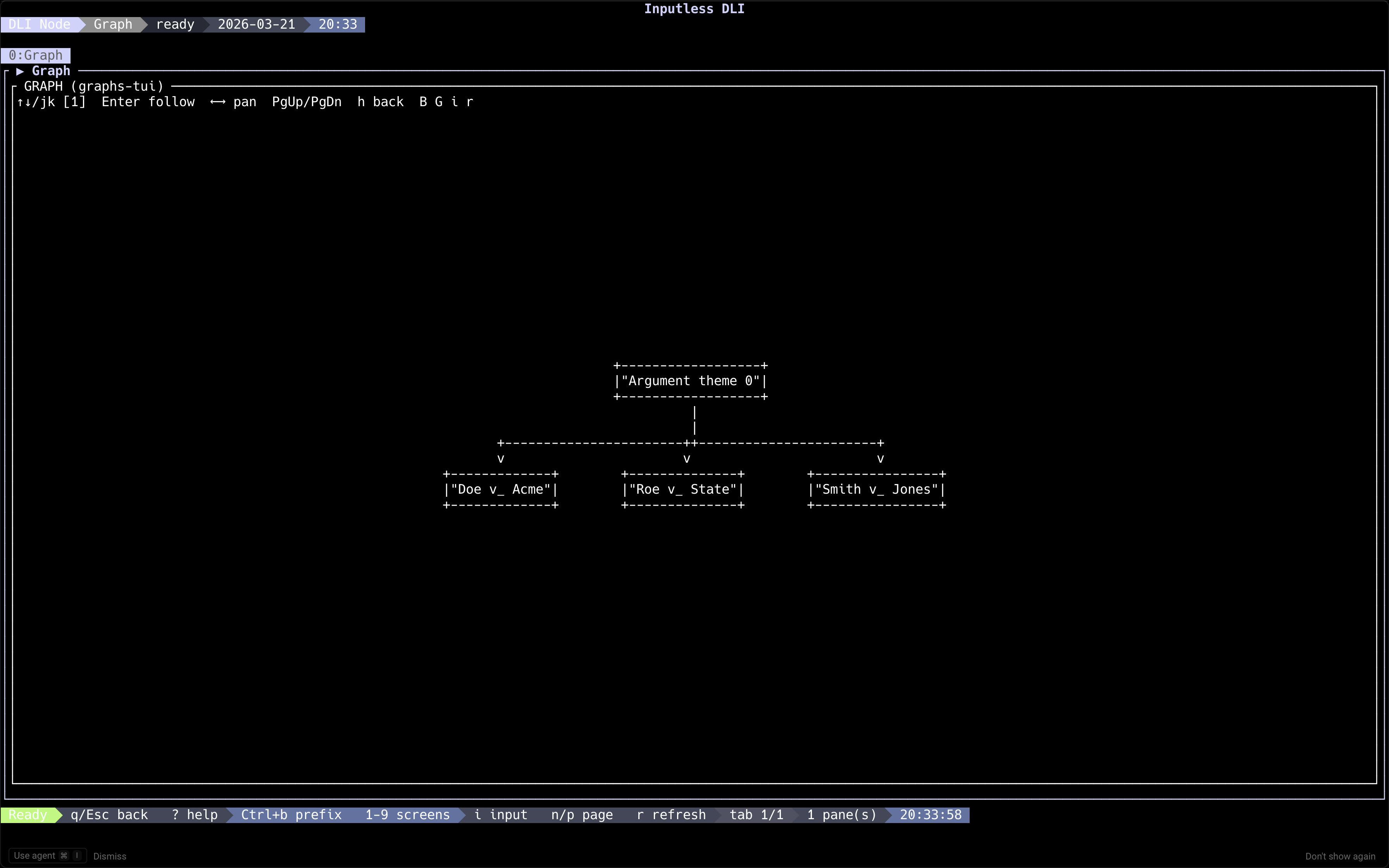Inputless DLI terminal graph: argument theme linked to Doe v. Acme, Roe v. State, and Smith v. Jones